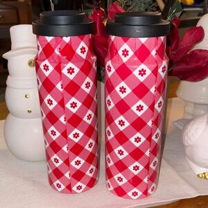 Red Checkered Floral Travel Thermos